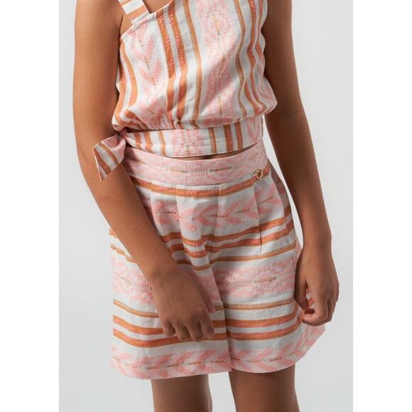 Girls Mayoral One Shoulder Top & Shorts Set Pink Orange Striped Outfit 10 - Picture 5 of 10